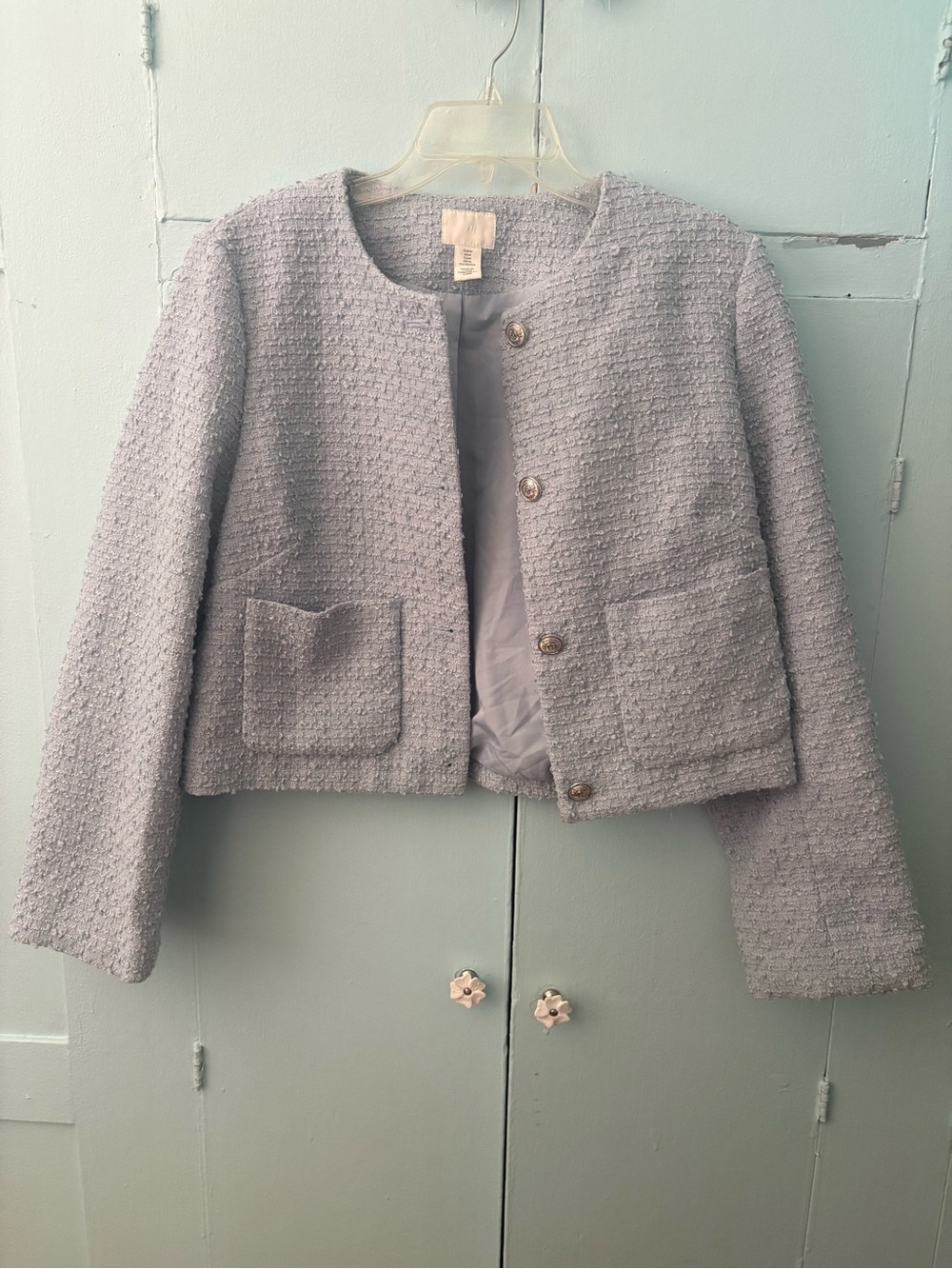 H&M Light Blue Gray Tweed Cropped Blazer